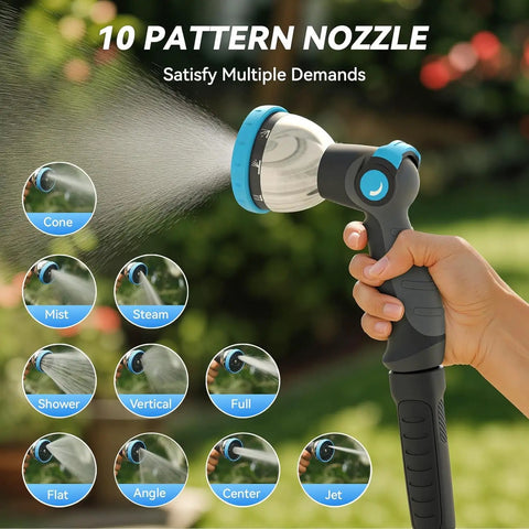 10 pattern nozzle for Retractable Garden Hose Reel Workhorse 1/2 Inch x 100 Ft, Wall Mount, shown in hand.