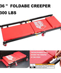 36-inch foldable creeper with detachable latch, red padding, steel frame, six wheels, supports 300 lbs, for garage use.