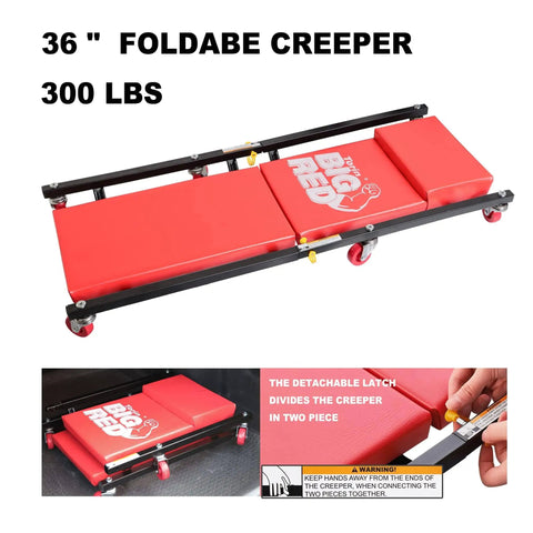 36-inch foldable creeper with detachable latch, red padding, steel frame, six wheels, supports 300 lbs, for garage use.