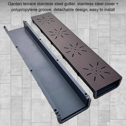 Heavy Duty Outdoor Trench Drainage Kit With Stainless Steel Grate And Polypropylene Channel Built To Last Weatherproof French Drainage System For Driveways Lawns Patios Bathrooms And Kitchens Hidden Grate Design - top view of drainage channel and grate