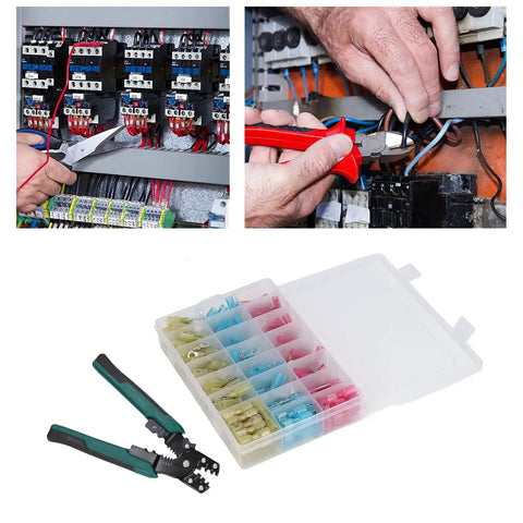 Self-Adjusting Ratchet Ferrule Crimping Tool Kit For AWG 22 To 10 Wires With 200 Insulated Heat Shrink Electrical Connectors And Durable Storage Box Perfect For Marine Wiring Projects, crimper and terminals
