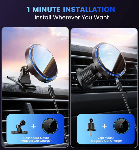 3 In 1 Car Phone Mount Charger With 15W Wireless Fast Charge, LED Ambient Light, And Built In Cable Management in car vent