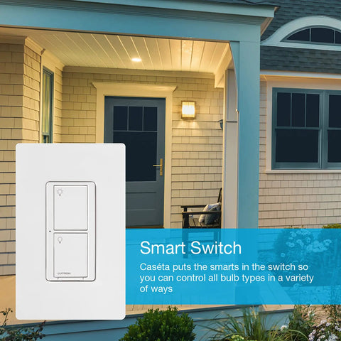 Smart Light Switch With Hub Required, Control From App Or Voice, Schedule Scenes, white finish, shown on house wall.