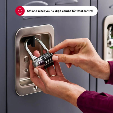 Close-up of hands setting combination on Set Your Own Combination Locker Padlock for Gym Lockers and Indoor Valuables, 1523D.