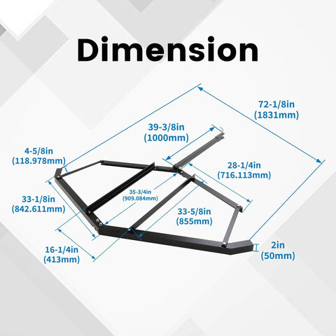 Diagram showing dimensions of Tow Behind Drag Harrow With Pin Style Hitch 72 Inch Width Driveway Grader for ATVs UTVs Garden Tractors.