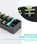Close-up of dual row screw terminal blocks set with covers for easy wiring, highlighting nickel-plated copper conductor.