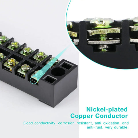 Close-up of dual row screw terminal blocks set with covers for easy wiring, highlighting nickel-plated copper conductor.