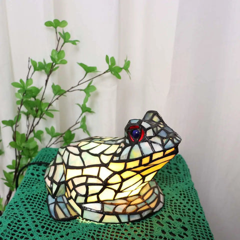 Frog Table Lamp Tiffany Style Stained Glass Accent Night Light, multicolor handmade, 10.5L x 8W x 6.5H, LED soft glow ambience