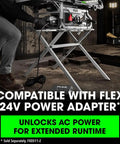 Beast Mode 24V Brushless Cordless Table Saw Kit featuring 8.25 inch precision cutting blade with FLEX power adapter connection.