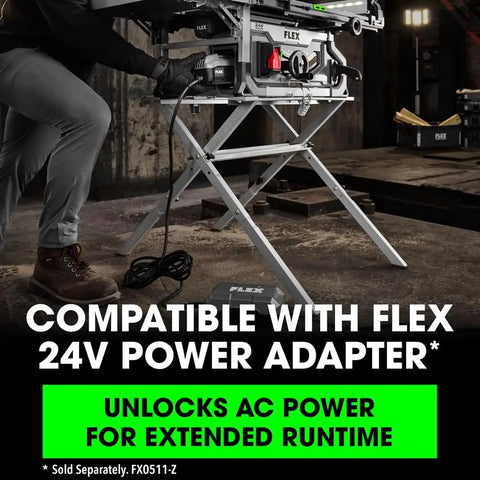 Beast Mode 24V Brushless Cordless Table Saw Kit featuring 8.25 inch precision cutting blade with FLEX power adapter connection.