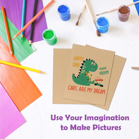 Craft table with colorful papers and 8.5x11 corrugated cardboard sheets featuring a dinosaur design for DIY crafts.