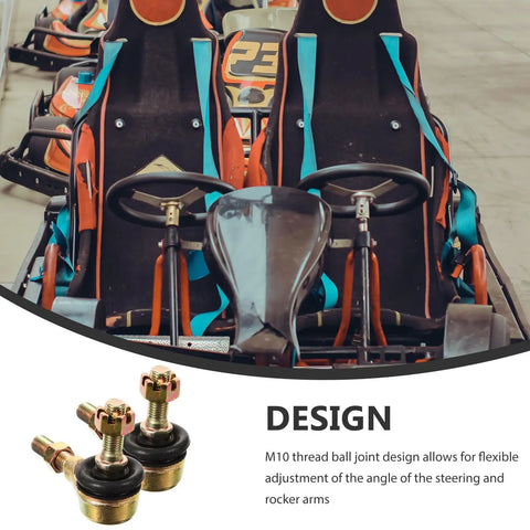 Two Pairs M10 Tie Rod End Ball Joint Kit for Go Karts and ATVs in front of go-kart seats, showing design flexibility