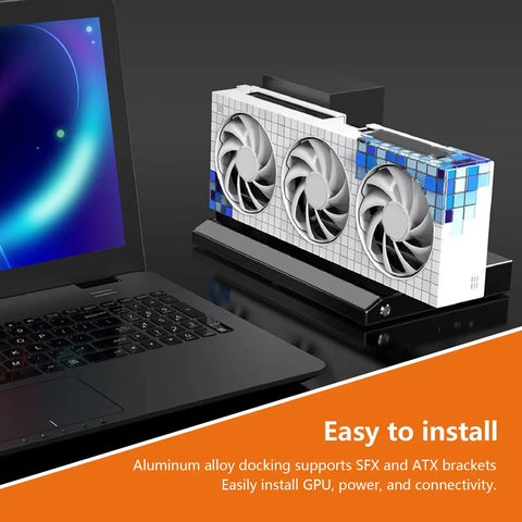 USB 4.0 External GPU Enclosure With 40Gbps Throughput, showcasing aluminum alloy dock with GPU connected to laptop.