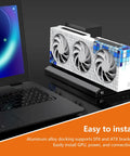 Upgrade Your Rig With This Next Level External Gpu Dock Station Featuring Thunderbolt Three And Usb 4.0 Ports For High End Pcie Graphics Cards And M.2 Nvme Drives Plug And Play Ready For Gamers, aluminum dock with GPU and laptop.