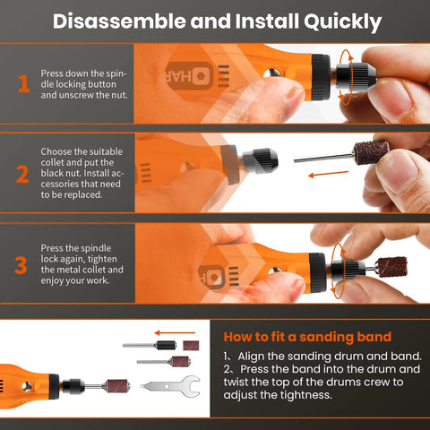 Portable Cordless Rotary Tool Kit Delivers Lightning Fast Usb Power And 111 Essentials For Precise Sanding Polishing And Engraving That Will Let You Shred Through Any Weekend Grind assembly instructions with tool and bits.