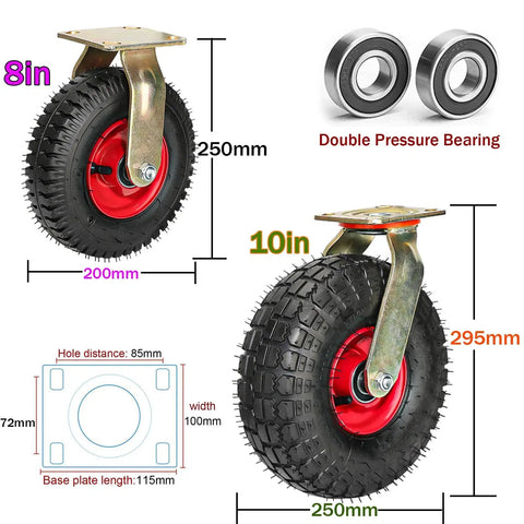 Heavy Duty Replacement Rubber Casters Two Pack Featuring Inflatable Tubeless Tires For Shock Absorbing Swivel Action And Built Like A Tank Industrial Floor Rolling Performance That Handles The Daily Grind - 8in and 10in sizes with double pressure bearings.