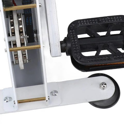 Off The Grid Ready 100W Pedal Power Generator close-up showing sturdy frame, noiseless belt drive, and pedal design.