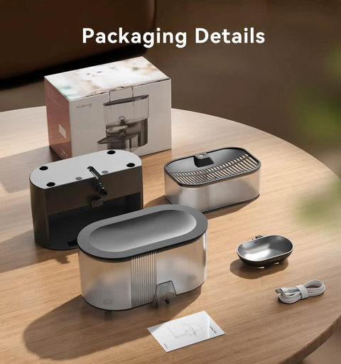 Wireless Cat Water Fountain With No Filters And Wastewater Separation, 3.5L stainless steel components on table with box