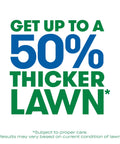 Text image promoting 'Get up to a 50% Thicker Lawn' result with 3 In 1 Lawn Care Kit For Thick Greener Turf Sun And Shade Seed Fertilizer and Soil Improver.
