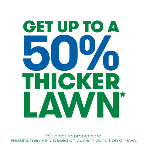 Text image promoting 'Get up to a 50% Thicker Lawn' result with 3 In 1 Lawn Care Kit For Thick Greener Turf Sun And Shade Seed Fertilizer and Soil Improver.