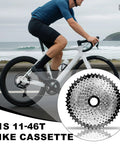 Cyclist on road bike with 11 Speed Cassette 11-46T Bicycle Sprocket For Road Mountain And Commuter Bikes with wide gear range.