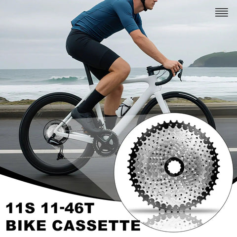Cyclist on road bike with 11 Speed Cassette 11-46T Bicycle Sprocket For Road Mountain And Commuter Bikes with wide gear range.