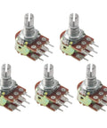 WH148 100K Potentiometers 6 Pin Dual Rotary Linear Potentiometers 15mm Shaft For Audio Volume Control Light Dimming Motor Speed Regulation DIY Electronics Projects 5 Pack, displayed with metal shafts and multiple pins