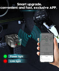 Bluetooth Wireless Car Diagnostic Tool for iOS and Android with Live Data, showing app interface and OBD2 port connection