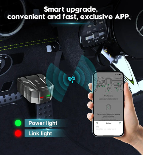 Bluetooth Wireless Car Diagnostic Tool for iOS and Android with Live Data, showing app interface and OBD2 port connection
