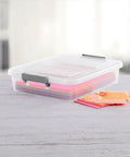 Four Pack Clear Plastic Storage Bins With Write On Latching Lids Modular Stackable Organizer Boxes For Closet Bedroom Garage Office Hella Neat Home Setup And Kickass Daily Organizing Solution with colored paper inside