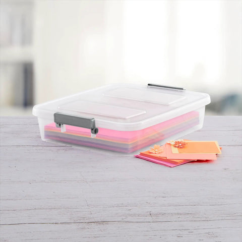 Four Pack Clear Plastic Storage Bins With Write On Latching Lids Modular Stackable Organizer Boxes For Closet Bedroom Garage Office Hella Neat Home Setup And Kickass Daily Organizing Solution with colored paper inside