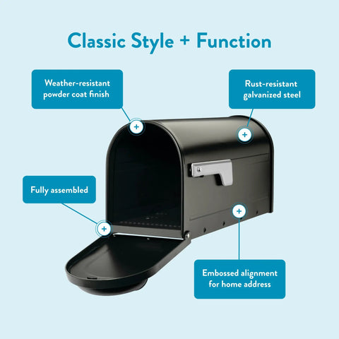 Winston Nickel Flag Post Mount Mailbox Black Medium Outdoor Mailbox With Rust Resistant Galvanized Steel Construction And Weatherproof Powder Coat Finish For Yard Or Driveway, open view with highlighted features