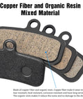 Four Piston Disc Brake Pads Set With Included Installation Tools For Shimano MT420 MT520 M6120 M7120 M8020 M8120 And Tektro TRP, close-up of copper fiber and organic resin material.