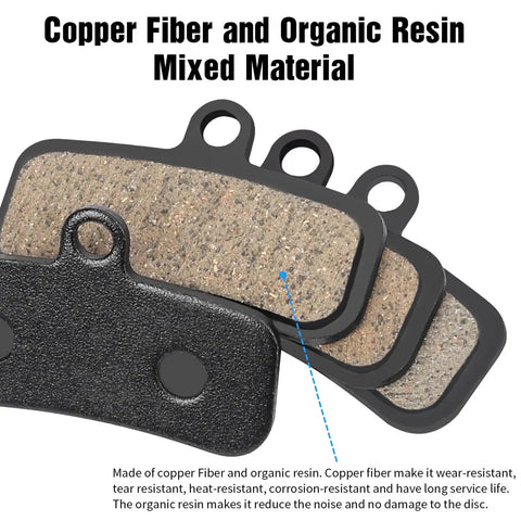 Four Piston Disc Brake Pads Set With Included Installation Tools For Shimano MT420 MT520 M6120 M7120 M8020 M8120 And Tektro TRP, close-up of copper fiber and organic resin material.
