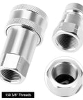 QWORK hydraulic quick-connect couplers, set of 2, hardened steel with dust caps, 3/8 NPT/ISO bodies.