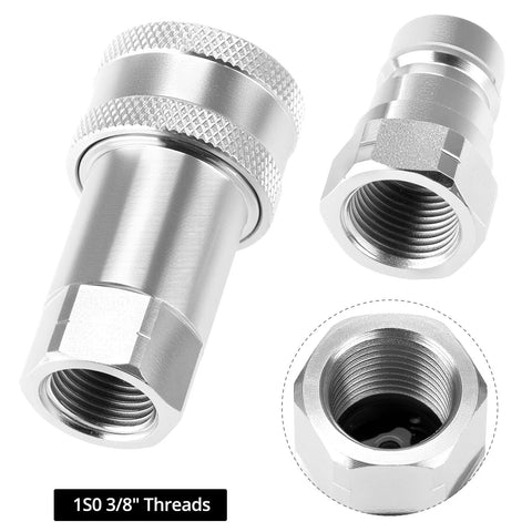 QWORK hydraulic quick-connect couplers, set of 2, hardened steel with dust caps, 3/8 NPT/ISO bodies.