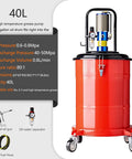 Built Tough Pneumatic Grease Pump With 80 To 1 Pressure Ratio, Air Powered Lubrication Workhorse For 5 Gallon Drums, Includes Universal Injection Gun, Shop Ready Steel Frame For Auto And Heavy Machinery in bright red with capacity info.
