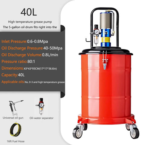 Built Tough Pneumatic Grease Pump With 80 To 1 Pressure Ratio, Air Powered Lubrication Workhorse For 5 Gallon Drums, Includes Universal Injection Gun, Shop Ready Steel Frame For Auto And Heavy Machinery in bright red with capacity info.