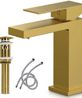 Brushed Gold Bathroom Faucet For One Hole Sink Go-To Brass Vanity Faucet With Pop-Up Drain Lead-Free Single Hole Design Includes Water Supply Hoses Easy Install Modern Gold Finish For Stylish Bathrooms with hoses and pop-up drain