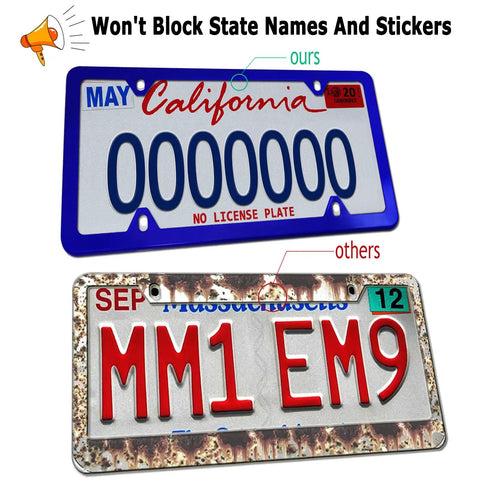 Comparison image of Dope Blue Aluminum License Plate Frames 2 Pack showing visibility of state names and registration labels.