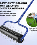 Rolling Lawn Aerator With A 21 Inch Roller And A 75 Inch Adjustable Handle No Assembly Required, showing spike roller and handle