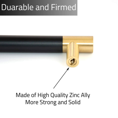 Close-up of 5 Inch Gold Cabinet Pulls With Black Plating Solid Brass Drawer Handles For Kitchen Cupboard Bedroom And Bathroom 128mm Wide Durable Rust Resistant Hardware Upgrade Your Kitchen Style showcasing durable construction with gold and black finish.