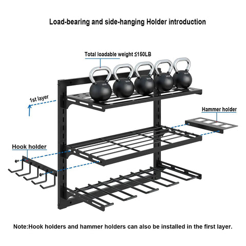 Beast Mode Power Tool Organizer Wall Mount For Garage, 3 Adjustable Metal Shelves showing load-bearing capacity and side holders