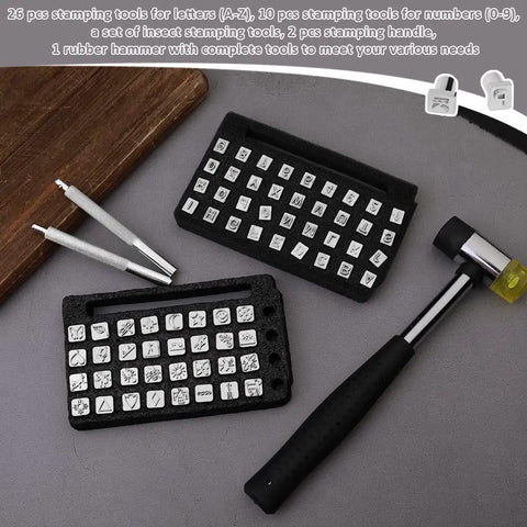 Leather Stamping Tools Kit With 68 Letter And Number Stamps And Patterns, 2 Leather Punch Tools And Rubber Hammer, 6mm Character Stamps, DIY Ready For Leather Working Projects Like Wallets, Belts, Bags And More on display.