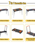 Heavy Duty Adjustable Work Bench And Rolling Tool Storage Cart With Four Locking Caster Wheels Transforms Into Sawhorse Scaffold And Hand Truck For Badass Shop Rigs in various modes.