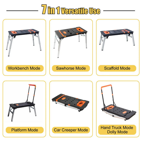 Heavy Duty Adjustable Work Bench And Rolling Tool Storage Cart With Four Locking Caster Wheels Transforms Into Sawhorse Scaffold And Hand Truck For Badass Shop Rigs in various modes.