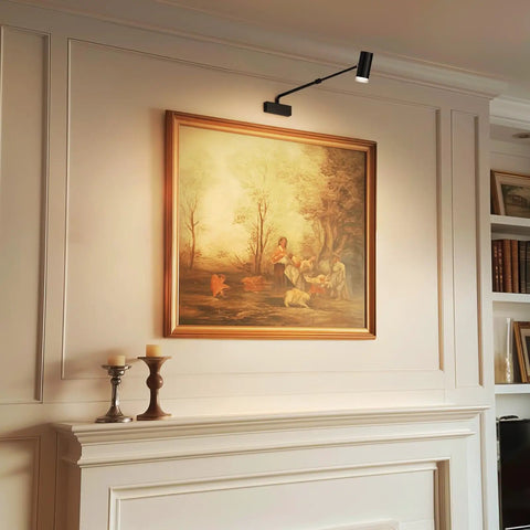 Battery Operated Picture Light With Telescoping Arm, Adjustable 7.8 To 13.8 Inches, Silver Finish, illuminates framed painting on wall
