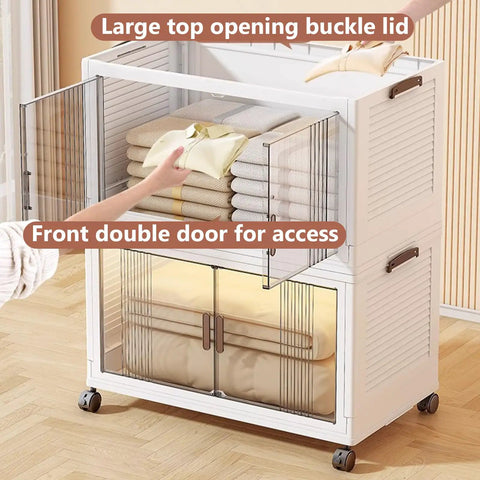 Slick Collapsible Storage Bins With Lids 5 Pack Plastic Boxes Double Door Stackable Closet Organizers With Rolling Wheels For Home Office Dorm Or Rv Camper Straight Up Great For Keeping Your Space Hella Tidy, showing two doors and large top opening.