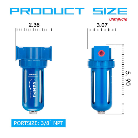 Zinc Alloy Desiccant Air Dryer Inline Filter And Moisture Separator With Poly Bowl 3/8 NPT shown with size dimensions