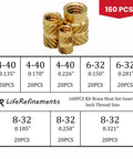 Heat Set Brass Threaded Inserts for Plastic Kit, 160Pcs, 4-40 6-32 8-32 Inch, knurled nut inserts shown with size chart